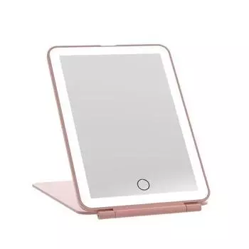 Светодиодное складное дорожное зеркало для макияжа, 3 режима освещения, USB-зарядка, сенсорный экран, портативное настольное косметическое зеркало РОЗОВОГО ЦВЕТА