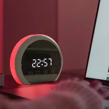Светодиодный будильник Ambiance Light Многофункциональная зеркальная поверхность Большой экран Разборчивый дисплей Круглая форма Студенты Прикроватный цифровой настольный будильник