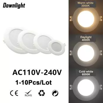 Светодиодный потолочный светильник AC110V 220V Потолочный светильник Точечный светодиодный плафон Встраиваемый светильник вниз Круглый 6W 10W 14W 24W Прожектор Внутреннее освещение 6W&1 PCS