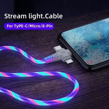 Светящийся USB-кабель 3-в-1, светодиодный кабель для зарядки смартфона, кабель USB-mini USB/C-type/8-pin для быстрой зарядки iPhone, Samsung, XIAOMI ONEPLUS 1m зелёный