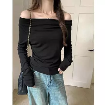 Swing collar design slanted shoulder one-shoulder top high-end autumn new pleated inner layering bottoming shirt long-sleeved T-shirt for women S