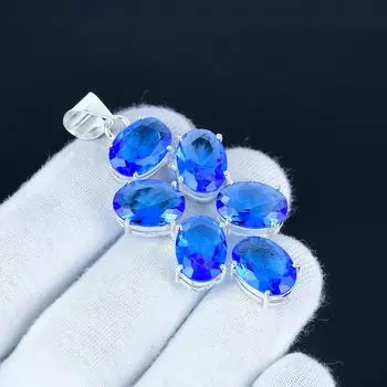 Swiss Blue Topaz Gemstone Pendant 925 Sterling Silver- Handmade Design, Everyday Wear Jewelry, Unique Swiss Blue Topaz Pendant Gift For Him 2.5 синий