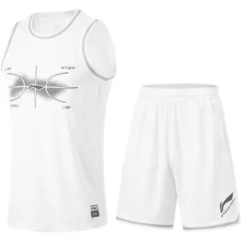 Свитер серии Li Ning Cba с круглым вырезом, без рукавов, со средней талией, быстросохнущие шорты с буквами, повседневный спортивный комплект, мужские комплекты, стандартный белый AATU011-5 M
