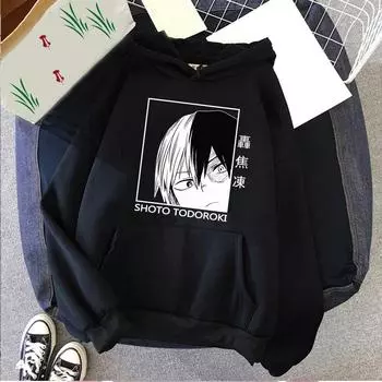 Свитшот с капюшоном с принтом Shoto Todoroki My Hero Academia для мужчин и женщин, модные толстовки с капюшоном, повседневные свободные уличные толстовки с принтом Manga Harajuku XS чёрный