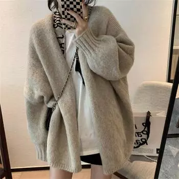 Свободный вязаный кардиган, женский повседневный однотонный свитер, куртка One size серый