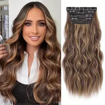 Synthetic Long Wavy Wig Extension 4PCS Clip In Thick Hairpieces For Women Full Head Hair Daily Wear 50cm