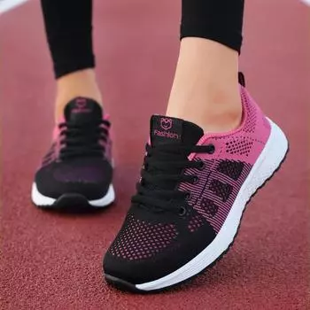 SYTK Women Casual Shoes Breathable Walking Mesh Lace Up Flat Shoes Sneakers Women Tenis Feminino Pink Black White 35 ярко-розовый