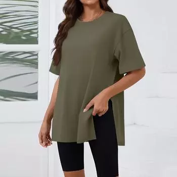 T Shirts For Women Pleated R-Neck Dressy Casual Blouses Printing Short Sleeve Summer Tops Loose Fit L армия зеленый