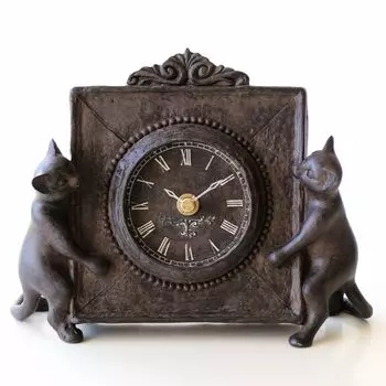 Table Clock Analog Cat Stylish Small Desk Clock Compact 21 x 15cm Retro Antique Clock and Cat чёрный