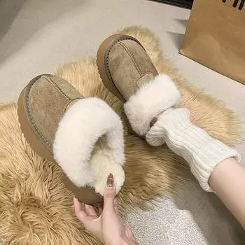 Тапочки Baotou muffin из хлопка, верхняя одежда 2024 года, зимние, толстые, повседневные, пушистые, на высоком каблуке, женские, ленивые тапочки 35 хаки