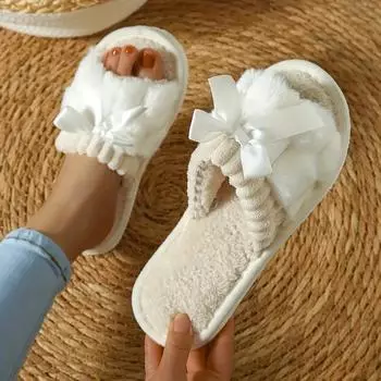 Тапочки для дома из ЭВА, плоские тапочки, женская одежда, хлопковые тапочки с бабочкой, модная зимняя нескользящая одежда 36-37 белый