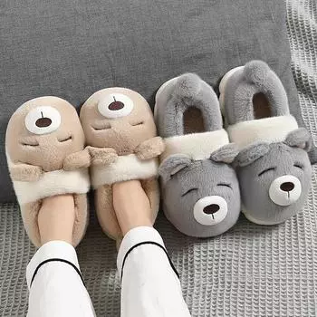 Тапочки из хлопка с сумкой на каблуке женские зимние мультяшные плюшевые милые шерстяные тапочки мужские домашние бытовые шерстяные хлопковые туфли мужские оптом 36-37 света кофе