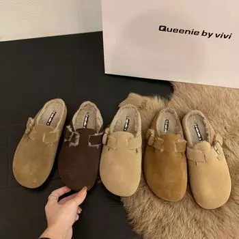 Тапочки из хлопка с толстой подошвой и одной педалью, женские зимние домашние тапочки Baotou Half Drag в 2024 году 35 абрикосовый