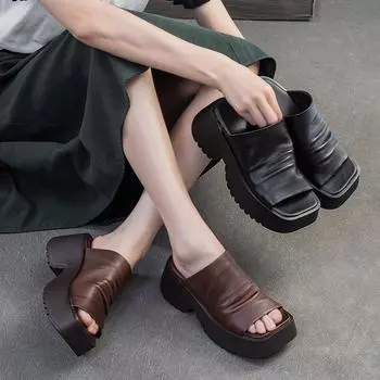Тапочки Johnature Retro Peep Toe на платформе для улицы из натуральной кожи, удобные, увеличивающие рост женские туфли 35 кофейный