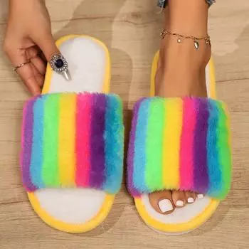 Тапочки Rainbow на толстой подошве с нескользящей отделкой из бархата – уютные меховые тапочки из хлопка с открытым носком для дома 42-43 жёлтый