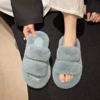 Тапочки женские с параллельными брусьями большого размера, пушистые, осень-зима 2025 года, новые, с плоской подошвой и открытым носком, интернет-знаменитости, односложные тапочки 35