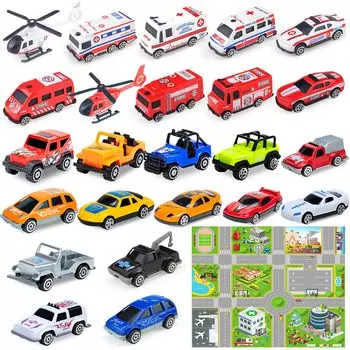 Tcvents Mini Car Set, игрушечная машинка, набор машин, супербогатый 24 детали, пожарная машина, рабочая машина, скорая помощь, самолет, игрушка, набор мини-машинок, вертолет,