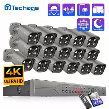 Techage 16CH 5MP POE NVR комплект системы камер безопасности двустороннее аудио H.265 IP AI камера открытый P2P комплект видеонаблюдения