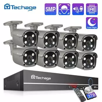 Techage H.265 8CH 5MP POE NVR комплект системы видеонаблюдения двусторонняя аудио AI IP-камера ИК уличный водонепроницаемый комплект видеонаблюдения