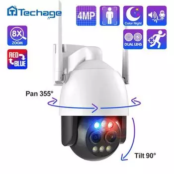 Techage HD 2K 4MP Беспроводная IP-камера с двумя объективами 2,8 мм 12 мм 8-кратный зум Обнаружен человек, PTZ-камера с автоматическим отслеживанием, красно-синяя световая сигнализация