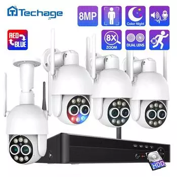 Techage PTZ 8MP двойной объектив 8CH беспроводная система наблюдения и безопасности обнаружение человека автоматическое отслеживание WIFI NVR комплект камеры двустороннее аудио