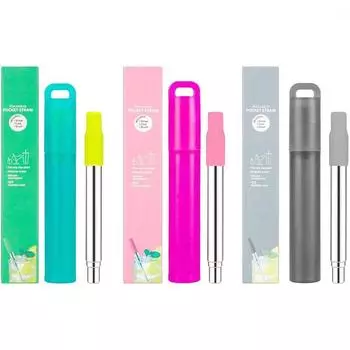 Telescopic Reusable Drinking Straws Stainless Steel Metal Straws Folding Straw Set With Case Cleaning Brush Camping Travel Straw чёрный