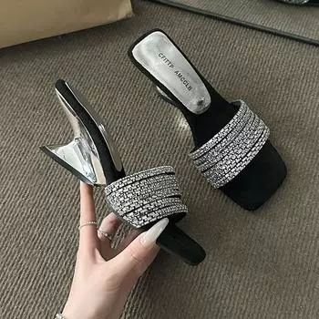 Temperament exquisite rhinestone with cool slippers summer wear medium heel high heel slippers square head sandals 35