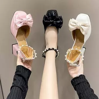 Temperament One Word Buckle with High Heels Female Spring and Summer Fairy Bow Head Thick Heeled Sandals Fashion Women Summer Breathable Shoes 35