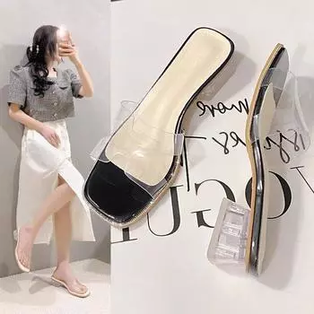 Temperament outer wear medium heel slippers summer new one-word with open toe transparent crystal thick heel cool slippers 34 чёрный