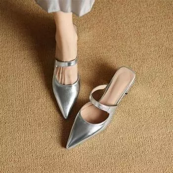 Temperament pointed thick heel silver single shoes new simple high sense fashion bag head high heel slippers 35