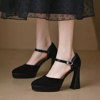 Temperament Pointed Toe Platform Pumps Women Frosted Leather Buckle Strap 10cm Square High Heels Party Shoe Zapatos De Mujer 34 чёрный
