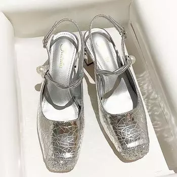 Temperament Silver Word With Bag Head Sandals Women Spring And Autumn Soft Leather Толстый каблук Квадратный нос Сращивание Высокий каблук 34 серебряный
