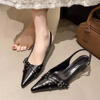Temperament thin heel bag head sandals women s large size 2025 summer new French pointed belt buckle empty single shoes 35 чёрный