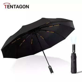 TENTAGON автоматический зонт со светодиодным фонариком, три складных УФ-зонта для дождя и солнца, 10 ребер, ветрозащитный портативный бордовый
