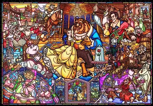 Tenyo в пазле из 1000 элементов чистого белого цвета с витражным стеклом Disney Beauty and the Beast Story, в комплекте сервисная карточка [Сделано в Японии] (51х73,5см)