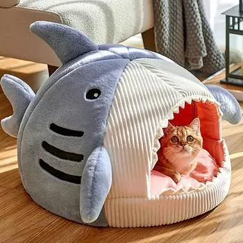 Теплые кровати для кошек, мультяшная акула, пещера для домашних животных, милые котята, корзина, подушка для кошки, коврик, палатка, гнездо для щенка, пещера, товары для животных S (38x35x32cm)