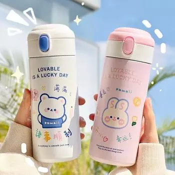 Термобутылка Kawaii Bear, 380 мл для детей, школьных женщин, изолированная чашка из нержавеющей стали с соломой, милые термобутылки для воды 301-400ml