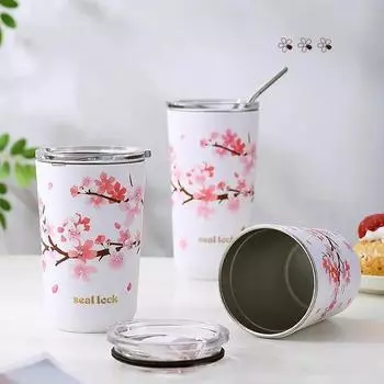 Термокружка из нержавеющей стали 304 Cherry Blossom с пылезащитным покрытием, переносная, герметичная, для лета, для чая и воды 301-600ml