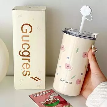 Термос-чашка Ins Cup Маленькая чашка для свежего кофе с трубочкой Double Drink Bear Высокий уровень внешнего вида из нержавеющей стали Wind Camping Girl 500ml
