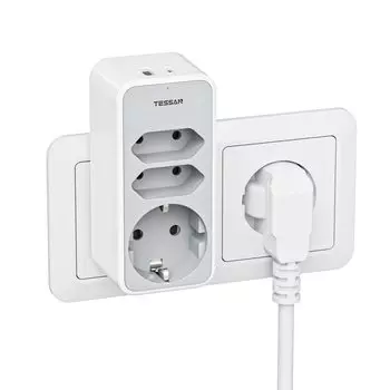TESSAN 5 в 1, множественная вилка для розетки, адаптер розетки USB C, тройная розетка для двойной розетки с розеткой USB C, совместима с телефоном, серый 3 Outlets & 3 USB Ports серый