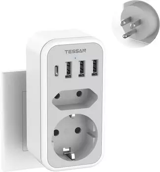 TESSAN адаптер розетки США Канада Франция с 3 USB и 1 USB C, адаптер розетки ЕС в США, адаптер розетки ЕС в Канаду Мексика Таиланд, тип B 3 USB and 1 USB C Ports серый