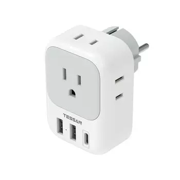 TESSAN Conversion Plug Korea SE Тип розетки-переходника 4 розетки переменного тока 1 порт 2 порта Совместимость с Испанией, Европой и другими странами USB-C, USB-A, Германия, серый