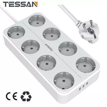 TESSAN EU KR Plug Удлинитель для настенного монтажа с несколькими розетками с переключателем включения/выключения, 4/6/8 розеток, 3 порта USB и удлинительный кабель длиной 2 м
