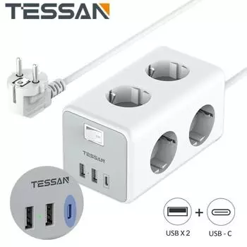 TESSAN EU Plug Power Strip Cube с несколькими розетками и удлинительным кабелем USB Type C 1,5 м/2 м, адаптер питания с несколькими розетками и переключателем для дома