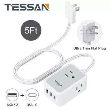 TESSAN Маленький удлинитель с плоской вилкой, 3 розетками переменного тока и 3 USB (1 USB-C), Ультратонкий плоский удлинитель длиной 5 футов для путешествий домой