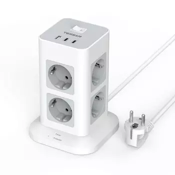TESSAN Multi Socket с 8 выходами 1 USB и 2 USB C, молниезащита Multi Socket, розетка Tower с выключателем, удлинитель для дома 2 м, офис, 3600 Вт 8 Outlets 1 USB and 2 USB серый