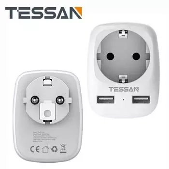 TESSAN Удлинитель настенной розетки с вилкой европейского стандарта с USB-портами, портативный адаптер питания 3 в 1, дорожное зарядное устройство с защитой от перегрузки 1 Outlet & 2 USB Ports серый