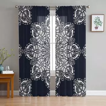 Texture Floral Mandala Abstract Lines Window Curtains For Living Room Bedroom Kitchen Chiffon Sheer Window Treatment 135W x 114H(cm)