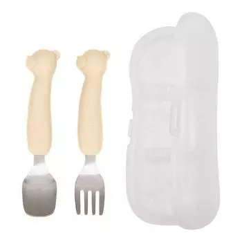 TGM Baby Portable Bear Силиконовая миниатюрная ложка + вилка + футляр из нержавеющей стали, 1 комплект, бежевый (ложка вилка), случайная доставка (дело)