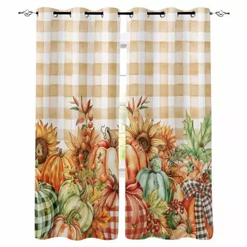 Thanksgiving Pumpkin Sunflower Bow Plaid Blackout Curtains For Living Room Bedroom Printed Window Treatment Drapes Home Decor W135 x H60cm